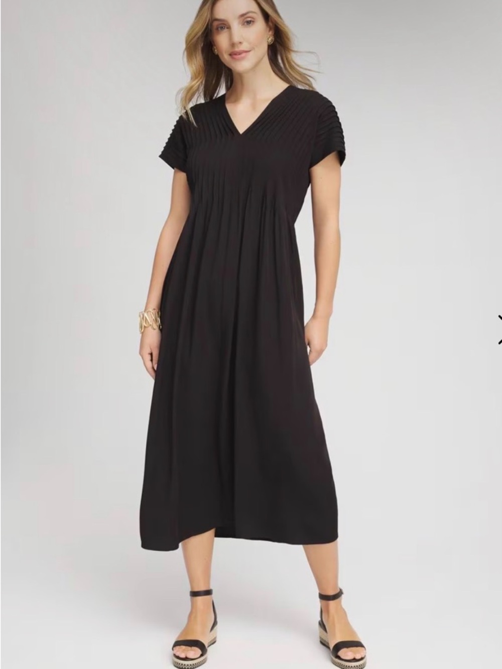 Chico's Black V-Neck Pleated Midi Dress